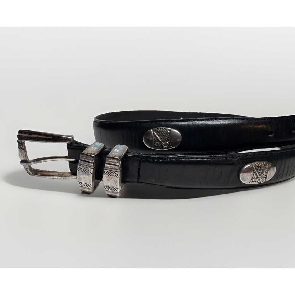 Men's Golf Black Top Grain Oil Tan Leather Belt with Nickel Hardware Size 34 VTG